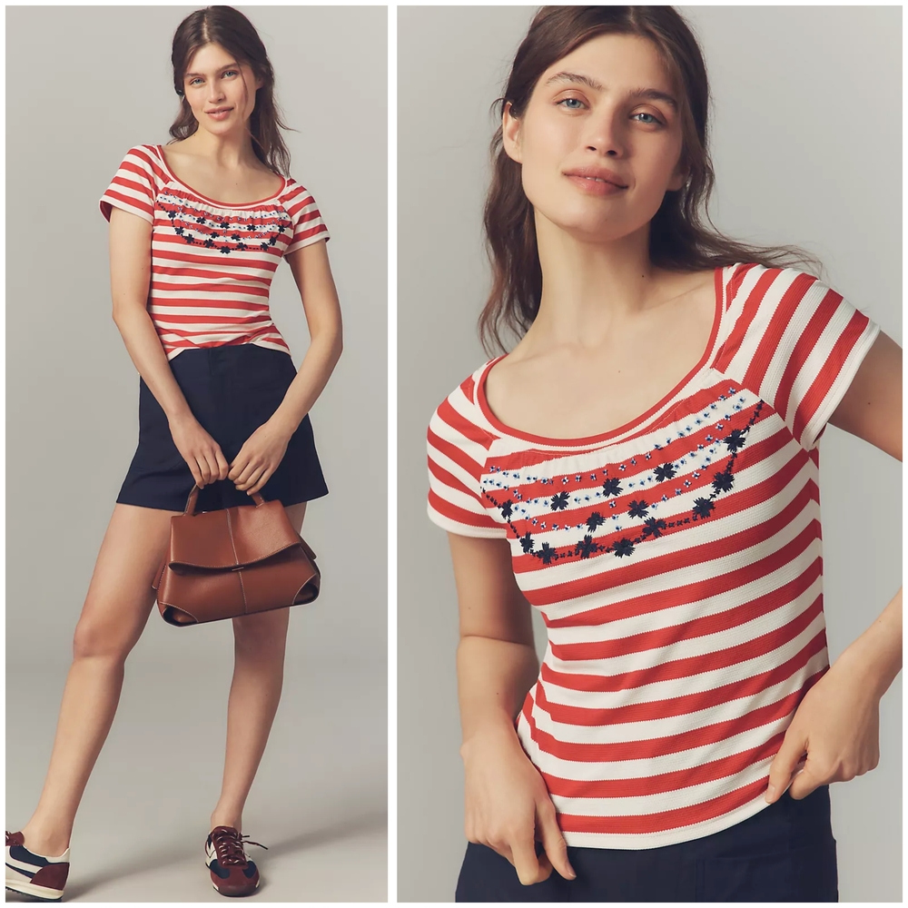 Anthropologie, Maeve Embroidered Flowers Scoop-Neck Top In Red And White Stripe